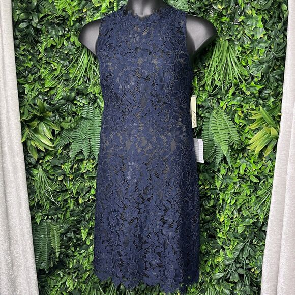 ELIZA J Dress Women 16 Blue High Neck Floral Eye Lash Lace Cocktail NWT 2289 - Picture 6 of 8